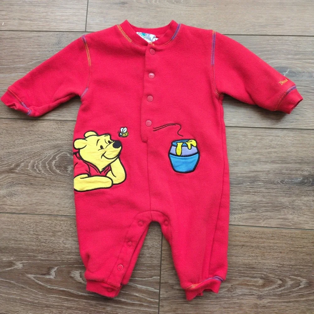 Vtg 90s Disneyland Resort Winnie the Pooh Romper One Piece Red Embroidered 6 Mo.